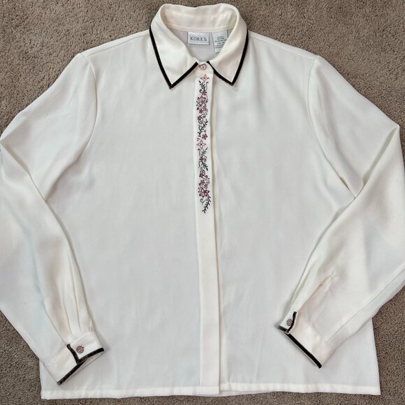 Koret Shirt Womens 10 Ivory Embroidered Floral Button Front Velvet Trim Vintage - Picture 1 of 8